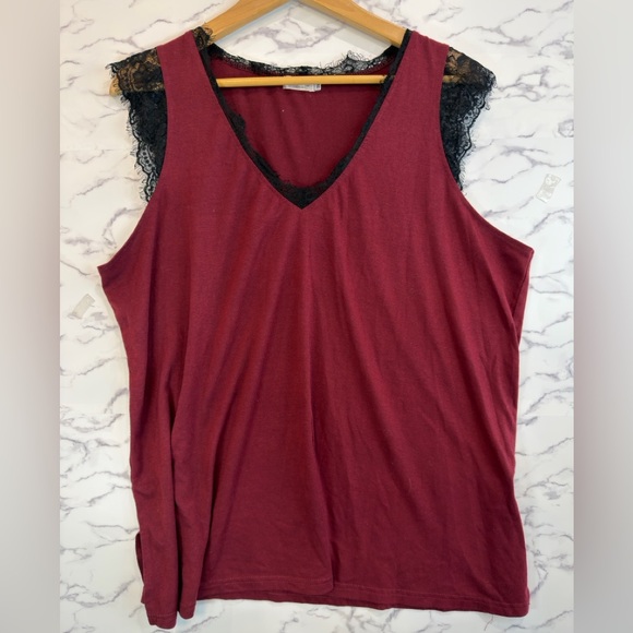 Poetsky Tops - Elegant Burgundy Lace V-Neck Trim Tank Top Poetsky 2X
